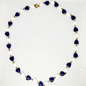Vintage 80s Blue White Two Tone Heart Necklace Acrylic Gold Tone Nautical